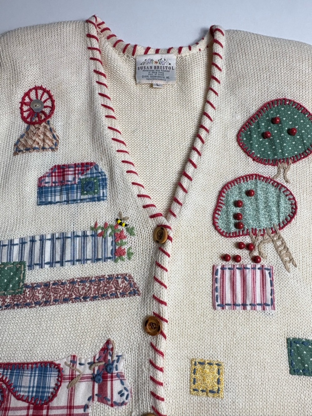 VTG 1995 Susan Bristol Hand Embroidered Farm Scene Cardigan • L • Ramie Cotton - Picture 2 of 12